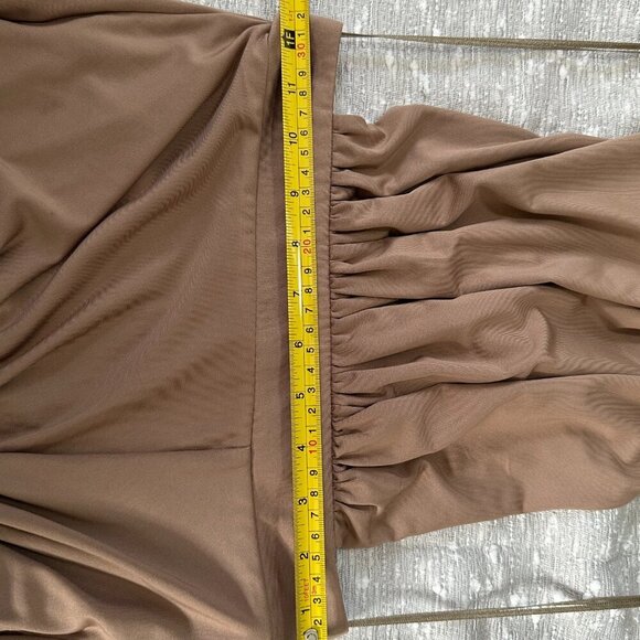 Miss Avenue Taupe Ruched Halter Dress Size Small Y2K Goddesscore Sexy Draped - Picture 9 of 11